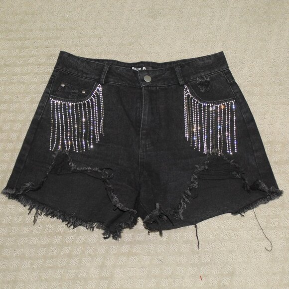 SEXY BLING!! Blue B Women's Size Medium Distressed Rhinestone Denim Shorts - Picture 1 of 5